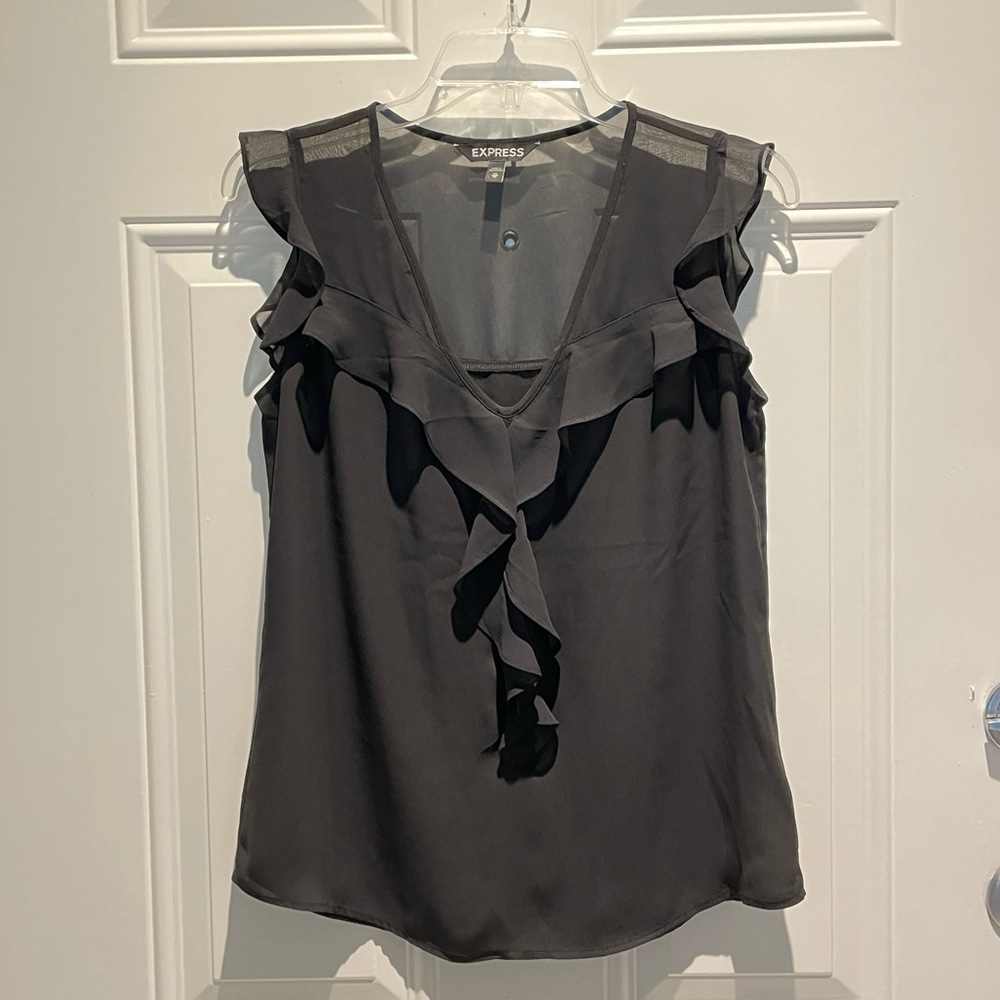 Express Black Semi-Sheer Ruffle V-Neck Satin Lightweight Sleeveless Top Size XS